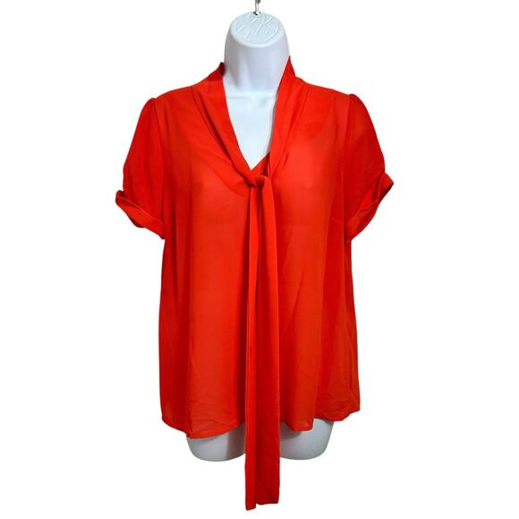 C. luce Orange V-Neck Chiffon Blouse Sz M Neck Tie Button Back Top Semi Sheer - Picture 2 of 7